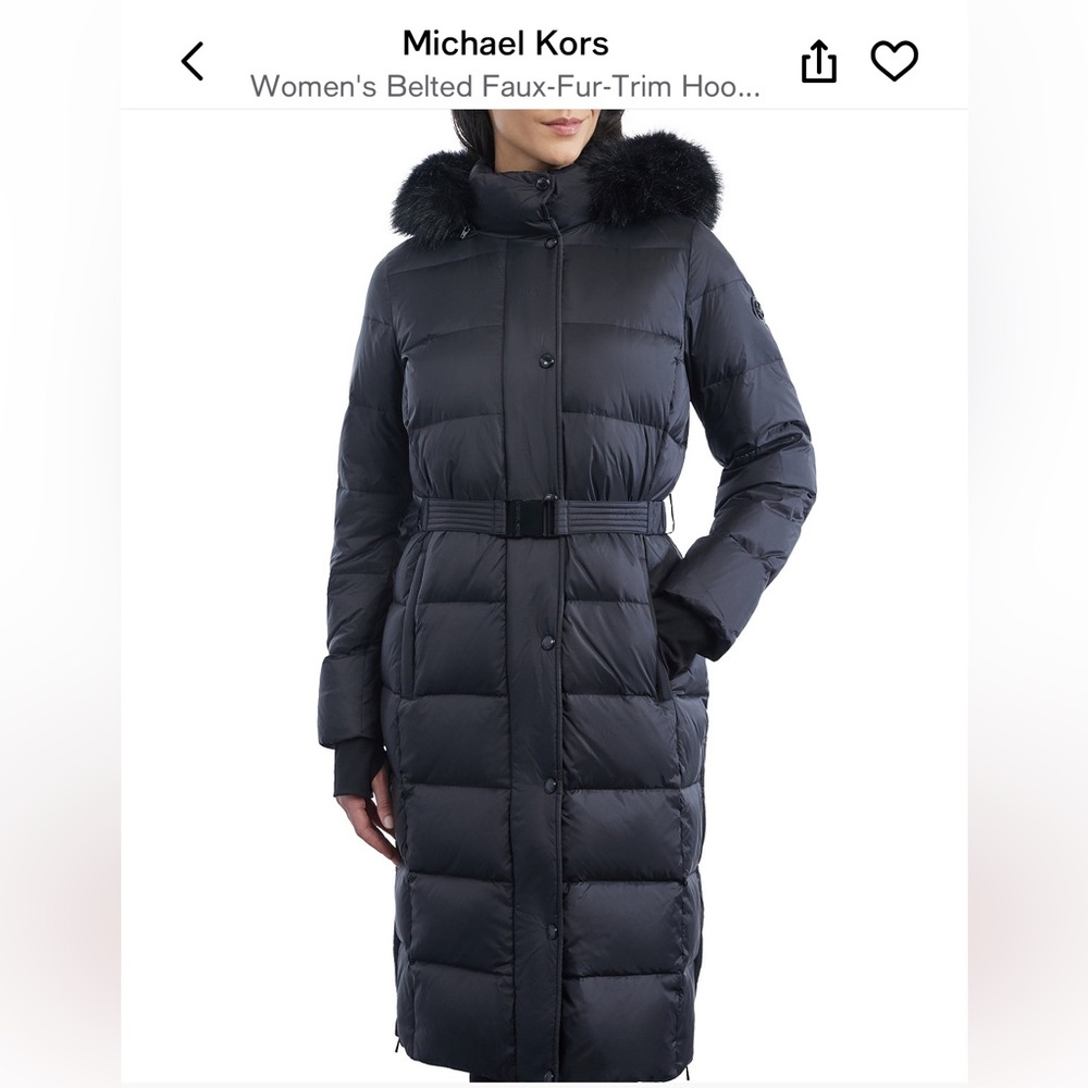 Long *dark gray,* belted MK puffer with faux fur hood
